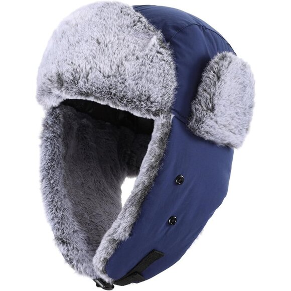 Men Navy Blue Faux Fur Trapper Hat with Face Mask Winter Trooper Hunting Hat - Picture 2 of 8